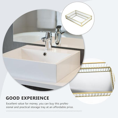 Alloy Frame Glass Jewelry Storage Tray Small Striped Mirror Surface Organizer for Earrings Lipstick Perfume Decorative Dish for Home Vanity and Desktop Tidying