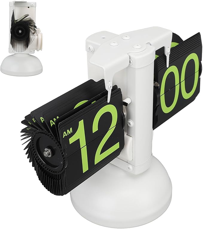 FOSA Flip Clock Retro Mechanical Digital Minimalist 12H Battery Operated Stainless Steel Desk Clock for Home Office Living Room (White Frame Green Number)