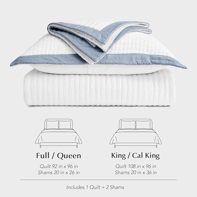 EVERGRACE Cotton Border Frame Tack-Stitch Quilt Bedding Set King Size, Coastal Oversized 3 Pieces Lightweight Bedspread Coverlet for All Season, with 2 Matching Shams, Blue Linen