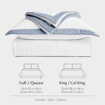 EVERGRACE Cotton Border Frame Tack-Stitch Quilt Bedding Set King Size, Coastal Oversized 3 Pieces Lightweight Bedspread Coverlet for All Season, with 2 Matching Shams, Blue Linen