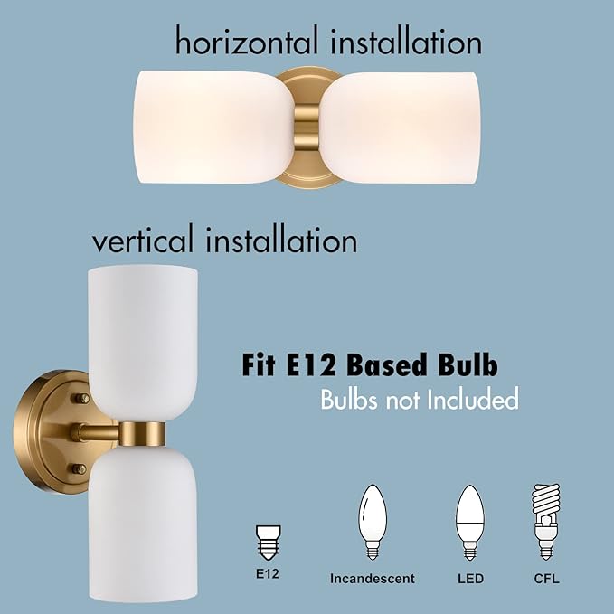 CLAXY Modern Gold Bathroom Vanity Milky Glass Wall Sconce Bathroom Light Fixtures with 2-Light Dimmable