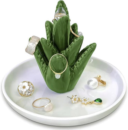 Aloe Ceramic Jewelry Tray, Ring Dish & Trinket Holder - Boho Room & Bathroom Decor for Women, Cute Desk Organizer - Gift for Her, Mom, Sister, Best Friend, Christmas, Birthday