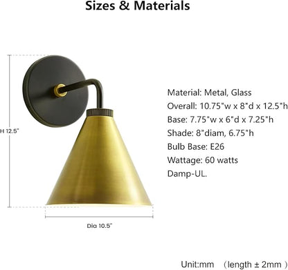 Retro Industrial Metal Cone Sconce Light - Vintage-Inspired Modern Gold Wall Sconce with Metal Shade, Wall Mount Lighting for Bedroom, Hallway, Living Room (Black and Gold, 11 inch)