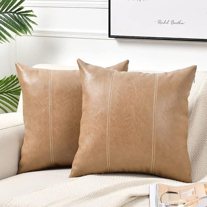 Fancy Homi 2 Packs Tan Decorative Throw Pillow Covers 16x16 Inch for Living Room Couch Bed, Modern Farmhouse Boho Home Decor, Faux Leather Hand Stitched Beige Accent Square Cushion Case 40x40 cm