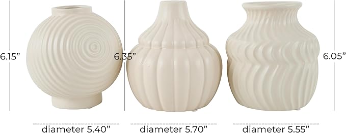 Deco 79 Ceramic Abstract Decorative Vase Small Textured Centerpiece Vases with Varying Shapes and Patterns, Set of 3 Flower Vases for Home Decoration 5" W, 6" H, Cream