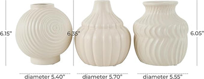 Deco 79 Ceramic Abstract Decorative Vase Small Textured Centerpiece Vases with Varying Shapes and Patterns, Set of 3 Flower Vases for Home Decoration 5" W, 6" H, Cream
