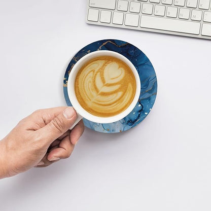 6 Pcs Ceramic Coasters with Holder Absorbent Drink Round Navy Blue Gold Marble Agate Style Design for Home Table Coffee Cup Wine Beer Bar,Size 4.4 inches