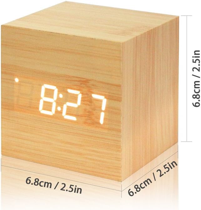 Lancoon Wooden Alarm Clock - Mini Cube LED Digital Clock with Time/Date/Temperature Display, 3 Levels Brightness and Voice Control Great for Home Office Travel - AC10Yellow_White