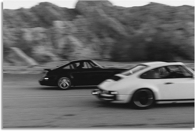 Black and White Photography Canvas Wall Art, Race Cars Aesthetic Poster, Trendy Classic Car Racing Photo Print Gift for Timeless Speed Enthusiasts, Man Cave Bedroom Wall Decor 24x36in Unframed