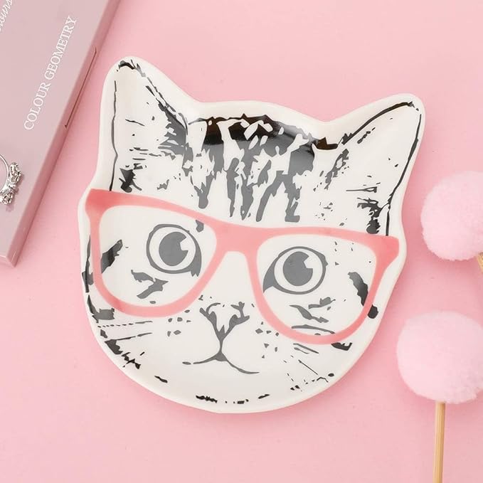 Stephanie Imports Cat with Pink Glasses Ceramic Trinket Plate and Decorative Jewelry Dish