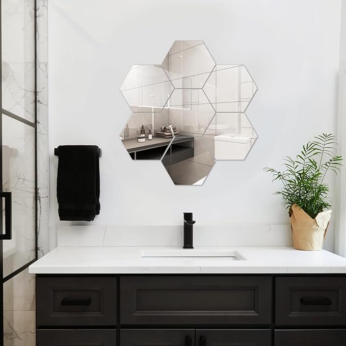 Abyssaly 4 Pack Acrylic Mirror Stickers, 3D Hexagon Flexible Plastic Mirror Tiles for Wall, Frameless Non-Glass Full Length Stick on Espejos Wall Tile Sheets for Bedroom Home Gym Door, 7.87" x 7.87"