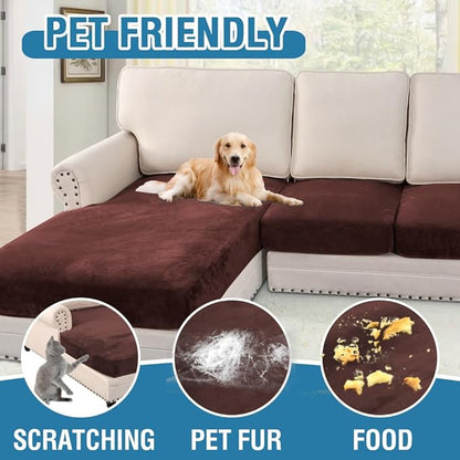 H.VERSAILTEX Velvet Stretch Sectional Couch Covers 3 Pieces Sofa Seat Cushion Covers L Shape Separate Cushion Couch Cover for Both Left/Right Sectional Couch (Large Sofa 2 Seater + 1 Chaise, Brown)