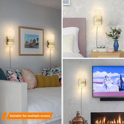 Plug in Wall Sconce Set of 2 - Small Gold Dimmable Bedroom Wall Light, Remote Control 6W LED 3000K-5000K Plug-in Wall Lamp with Timer, Acrylic Sconce Wall Lighting Bedside, Living Room, Bathroom
