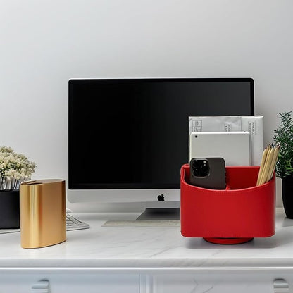 UnionBasic Rotating Desk Organizer, 360 Degree Desk Spinning Caddy, Desktop TV Guide/Mail/Media/Remote Controller Holder Organizer, Red