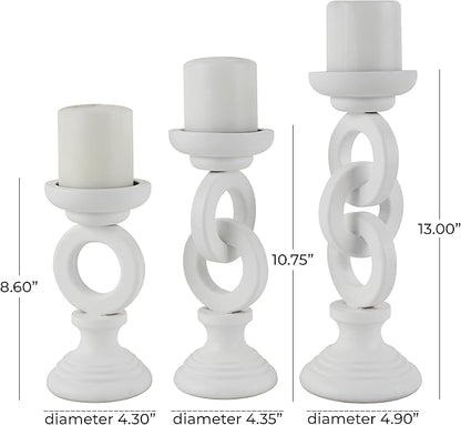 Deco 79 Wooden Decorative Candle Holder Chain Link Candle Stand, Set of 3 Candlestick Holder 13", 11", 9" H, White
