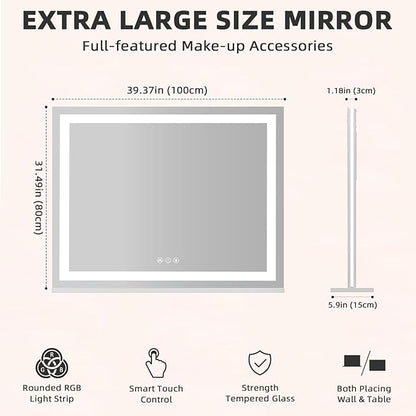FENCHILIN Large Vanity Mirror with Lights 39"x32", RGB Backlit & Front Lit Hollywood Makeup Mirror, Shatterproof Tempered Glass, LED Strip 3 Color Modes, Smart Touch & Memory, Wall Mounted/Desk