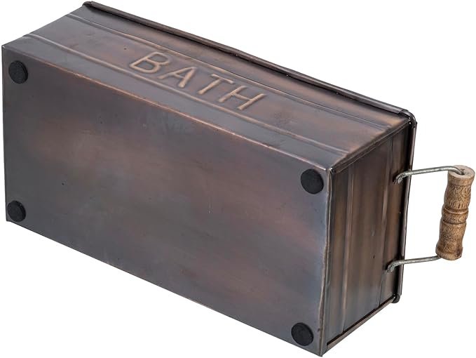 MyGift Copper Bathroom Accessories with Wooden Handles, Vintage Oil Rubbed Bronze Bathroom Toiletries Holder, Organizer Bin with Embossed BATH Label - Handcrafted in India