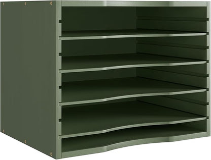 Bamjoy Bamboo 5 Tier Desktop Organizer, Paper Organizer Mail Sorter, File Holder Letter Document Storage with Adjustable Shelves for School Home Office, Forest Green