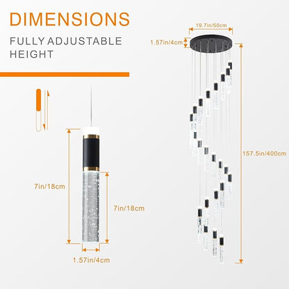 High Ceiling Chandelier Modern Crystal Chandelier for Entryway Long Spiral Dimmable Long Staircase High Foyer with Remote Controller