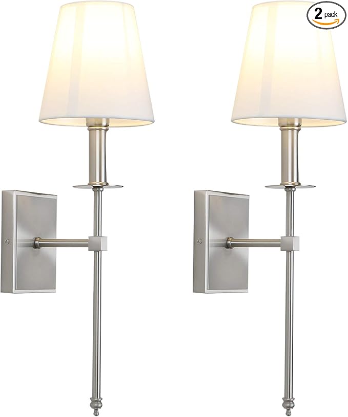 PERMO Set of 2 Classic Rustic Industrial Wall Sconce Lighting Fixture with Flared White Textile Lamp Shade and Brushed Tapered Column Stand, Hardwired, E26 Base