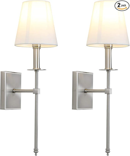 PERMO Set of 2 Classic Rustic Industrial Wall Sconce Lighting Fixture with Flared White Textile Lamp Shade and Brushed Tapered Column Stand, Hardwired, E26 Base