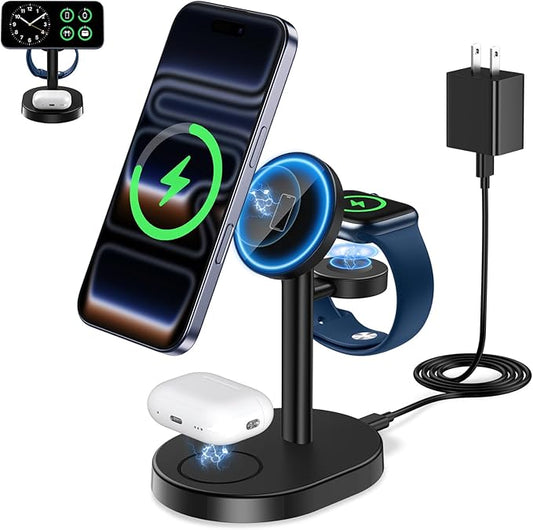 2026 3 in 1 Wireless Charging Station for Apple MagSafe Charger, 15W Fast Magnetic Mag-Safe Charger Stand for iPhone 17 16 15 14 13 12 Apple Watch AirPods Series, Gifts for Men