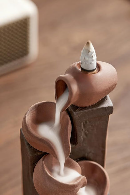Unique Cascading Basins Ceramic Waterfall Incense Holder, Paired with a Pack of Backflow Incense Cones. (Primary)