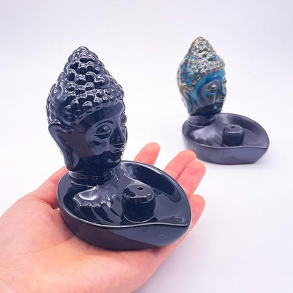 Buddha Head Incense Holder for Sticks, Small Ceramic Incense Burner Healing, Meditaiong, Zen, Timer of Spa or Yoga, with Ash Catcher (Black)