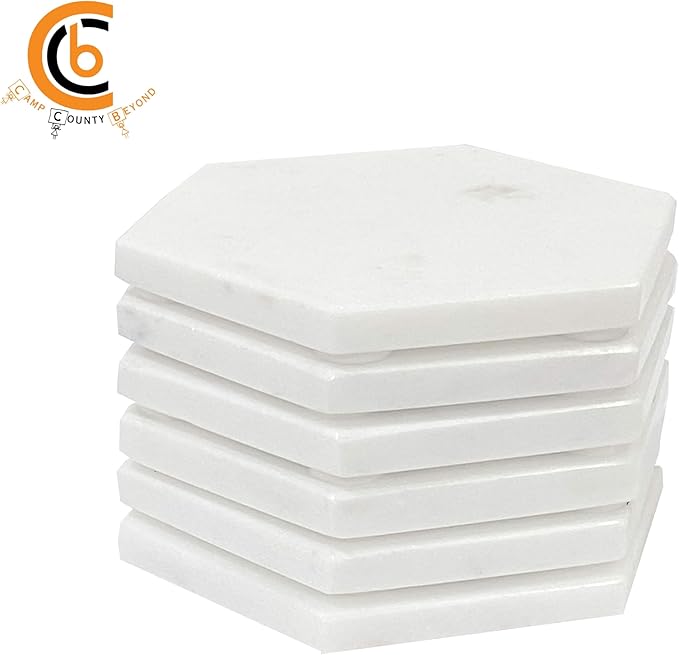 Coasters for Drinks - Set of 6 Modern Coasters - 4" Wide Drink Coasters - Made from Real Solid Marble White Marble Coasters Hexagon Shape