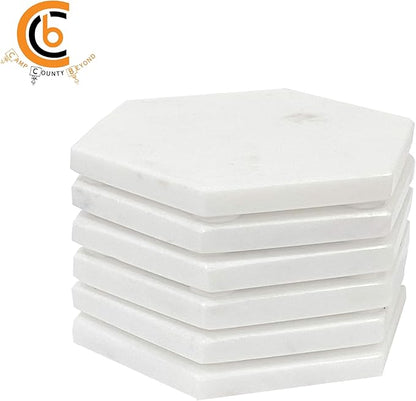 Coasters for Drinks - Set of 6 Modern Coasters - 4" Wide Drink Coasters - Made from Real Solid Marble White Marble Coasters Hexagon Shape