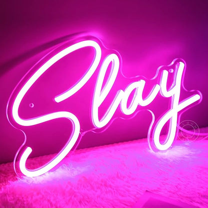 SYLHOME Pink Slay LED Neon Light Sign Cool Boys Girls Preppy Bedroom Game Play Room Desk Wall Decor Sign Club Pub Bar Man Cave Game Center Birthday Decoration USB 11.8" X 8"