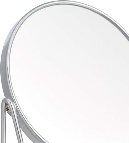 Amazon Basics Vanity Round Tabletop Mirror with 360° Rotation, Double Sided 1x/5x Magnification, Chrome Finish, Squared Bamboo Tray, 7.2"L x 3.35"W