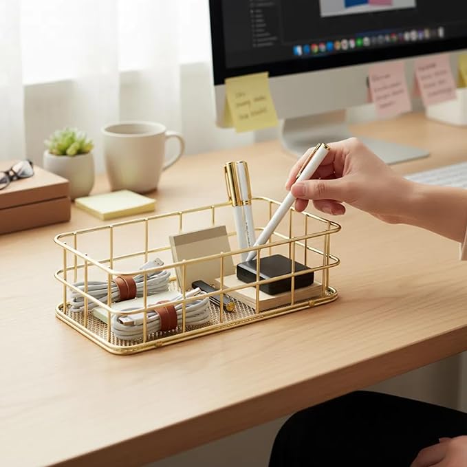 Two Small Gold Wire Basket - 9.6x6.7x2.8 、6.8*4.8*2.3inch ,Metal Wire Mesh Storage Basket for Home Organization | Ideal for Desk, Laundry, Wedding Bathroom & Cosmetic Stations