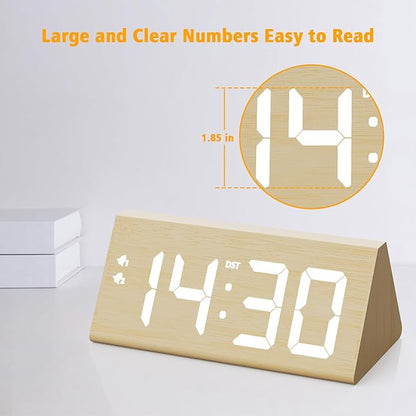 Wooden Digital Alarm Clock with Dual USB Charging Ports, DST, Dimmable, Snooze, Modern Large Time Display LED Clock for Kids Bedrooms, Living Room, Desk, Table, Bedside, Nightstand (Bamboo)