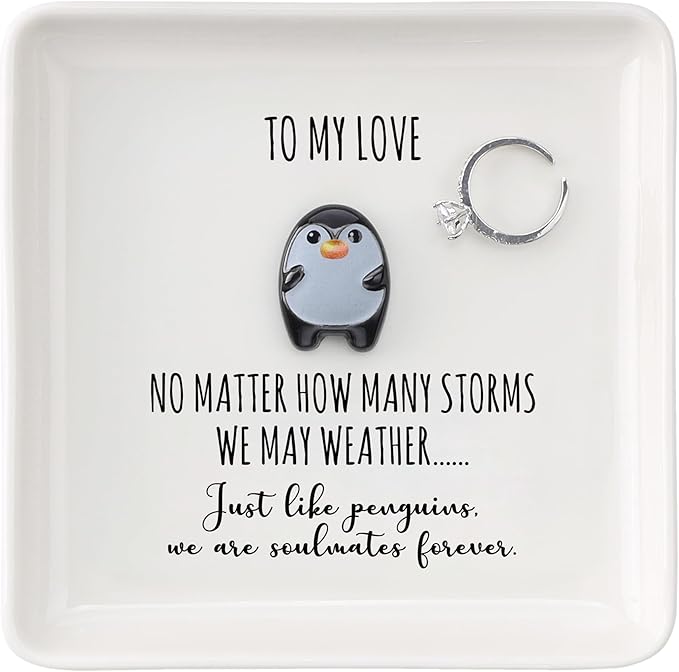 HOME SMILE Ramantic Valentines Christmas Gifts for Girlfriend Her Wife Couples Ring Dish Jewelry Tray,To My Love Penguin Present Valentines,Wedding Aniversary Birthday Gift For Women