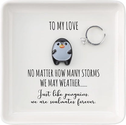 HOME SMILE Ramantic Valentines Christmas Gifts for Girlfriend Her Wife Couples Ring Dish Jewelry Tray,To My Love Penguin Present Valentines,Wedding Aniversary Birthday Gift For Women