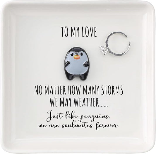 HOME SMILE Ramantic Valentines Christmas Gifts for Girlfriend Her Wife Couples Ring Dish Jewelry Tray,To My Love Penguin Present Valentines,Wedding Aniversary Birthday Gift For Women