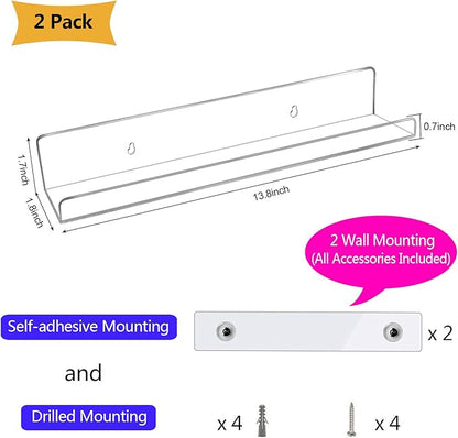 evron Acrylic Floating Shelves – 2-Pack Clear Wall Shelf for Bathroom, Bedroom, or Kitchen – Easy Installation with Adhesive (No-Drill) or Screws (Drill Required) – 13.8" Modern Rack (Clear 2 Pack)