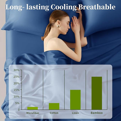 Shilucheng 100% Viscose Derived from Bamboo_ Sheets Queen Size 4pcs - Ultra Cooling & Silky Soft Bed Sheets, 16" Deep Pocket, Perfect for Hot Sleepers, Hotel Bedding Sheets (Navy Blue)