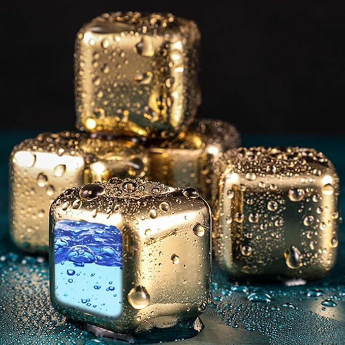 6 Small Whiskey Stones Silver - Man Gift Set - Reusable Stainless Steel Metal Ice Sphere Cubes Beverage Chilling Rocks Whiskey Stones for Red Wine, Bar Beer, Scotch, Vodka Drinks - Gold