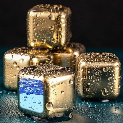 6 Small Whiskey Stones Silver - Man Gift Set - Reusable Stainless Steel Metal Ice Sphere Cubes Beverage Chilling Rocks Whiskey Stones for Red Wine, Bar Beer, Scotch, Vodka Drinks - Gold