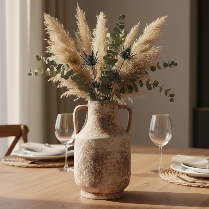 Ceramic Flower Vase with Handles,11 inch Farmhouse Vase,Rustic Vintage Terracotta Vases for Home Decor,Living Room,Kitchen Shelf,Table,Fireplace,Holiday & Weddings Centerpiece (Terracotta-L-1622)