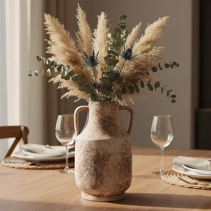 Ceramic Flower Vase with Handles,11 inch Farmhouse Vase,Rustic Vintage Terracotta Vases for Home Decor,Living Room,Kitchen Shelf,Table,Fireplace,Holiday & Weddings Centerpiece (Terracotta-L-1622)
