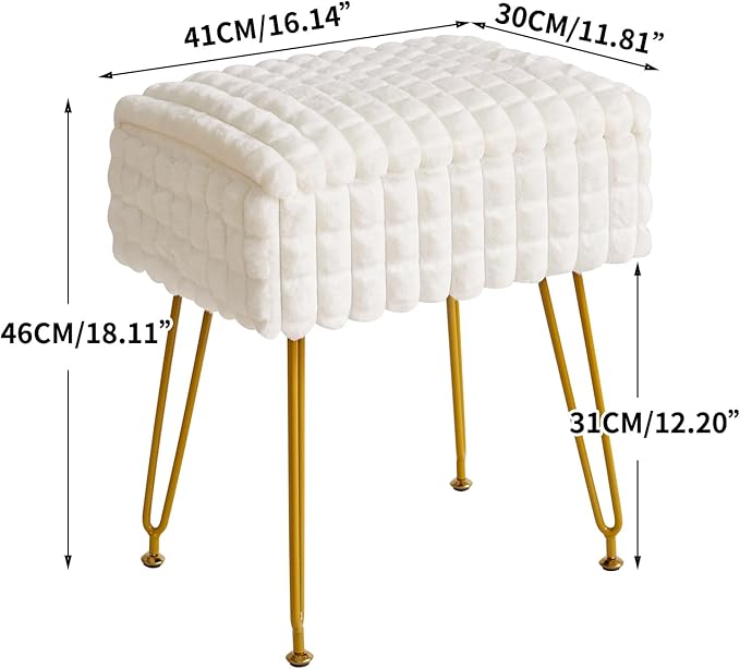 IBUYKE Rectangle Vanity Chair with Storage Space, Footrest Footstool Ottoman, Vanity Stool, Dressing Table Chair, with Anti-Slip Feet, for Makeup Room, Bedroom, Square Grid Pattern, White WBD004W