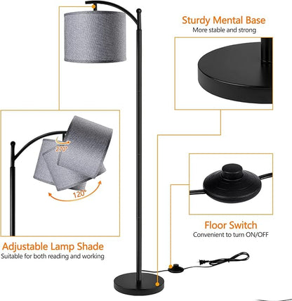 Floor Lamp with 3CCT LED Bulb, Gray Linen Lamp Shade for Living Room, Modern Standing Lamp for Bedrooms - Black