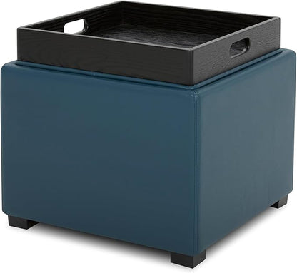 CHITA Storage Ottoman Cube with Tray Lid, Small Footstool with Storage, Square End Table for Living Room and Bedroom, Faux Leather in Dark Blue