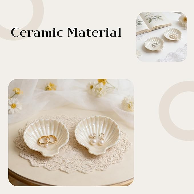 Jewelry Plate Set of 2 Ceramic Shell-Shaped Ring Dishes 3.9-inch Ring Dish & Jewelry Storage Tray