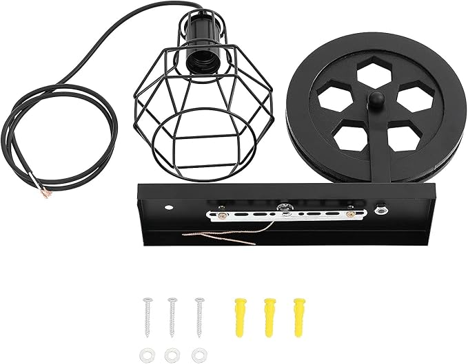 1-Light Rustic Wall Light Lift Pulley with Matte Iron Cage Lampshade Industrial Mid Century Sconce for Indoor Lighting Barn Restaurant (Black Color)