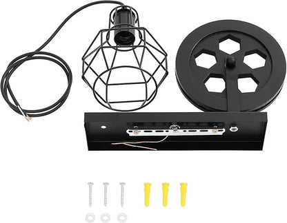 1-Light Rustic Wall Light Lift Pulley with Matte Iron Cage Lampshade Industrial Mid Century Sconce for Indoor Lighting Barn Restaurant (Black Color)