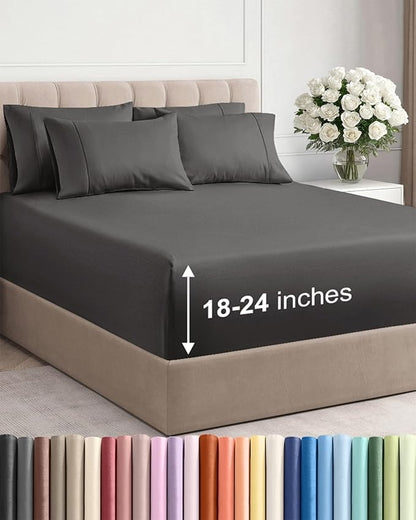 Extra Deep Full Sheet Set - 6 Piece Breathable & Cooling Sheets - Hotel Luxury Bed Sheets Set - Easy & Secure Fit - Soft, Wrinkle Free & Comfy Sheets Set - Charcoal Sheet Set with Extra Deep Pockets